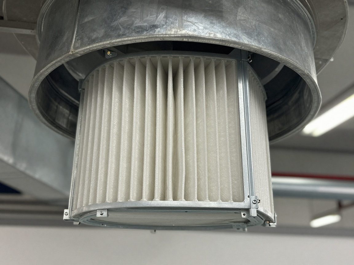 Halbtotalansicht eines Lüftungsrohrs mit einer Filterkartusche im Montagerahmen, umgeben von Metallrohre und leichtem Licht von oben