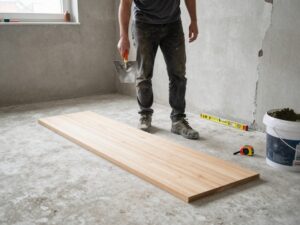 Fliesenleger steht auf Betonboden, hält Kelle, arbeitet an unebener Wand mit Messband und Spirit Level