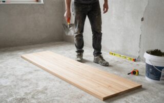 Fliesenleger steht auf Betonboden, hält Kelle, arbeitet an unebener Wand mit Messband und Spirit Level