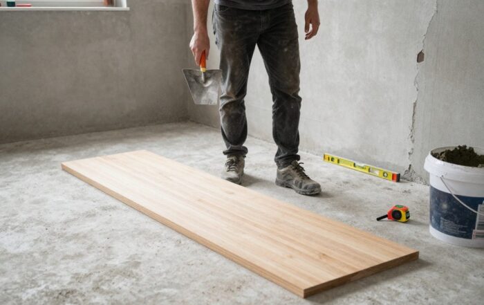 Fliesenleger steht auf Betonboden, hält Kelle, arbeitet an unebener Wand mit Messband und Spirit Level