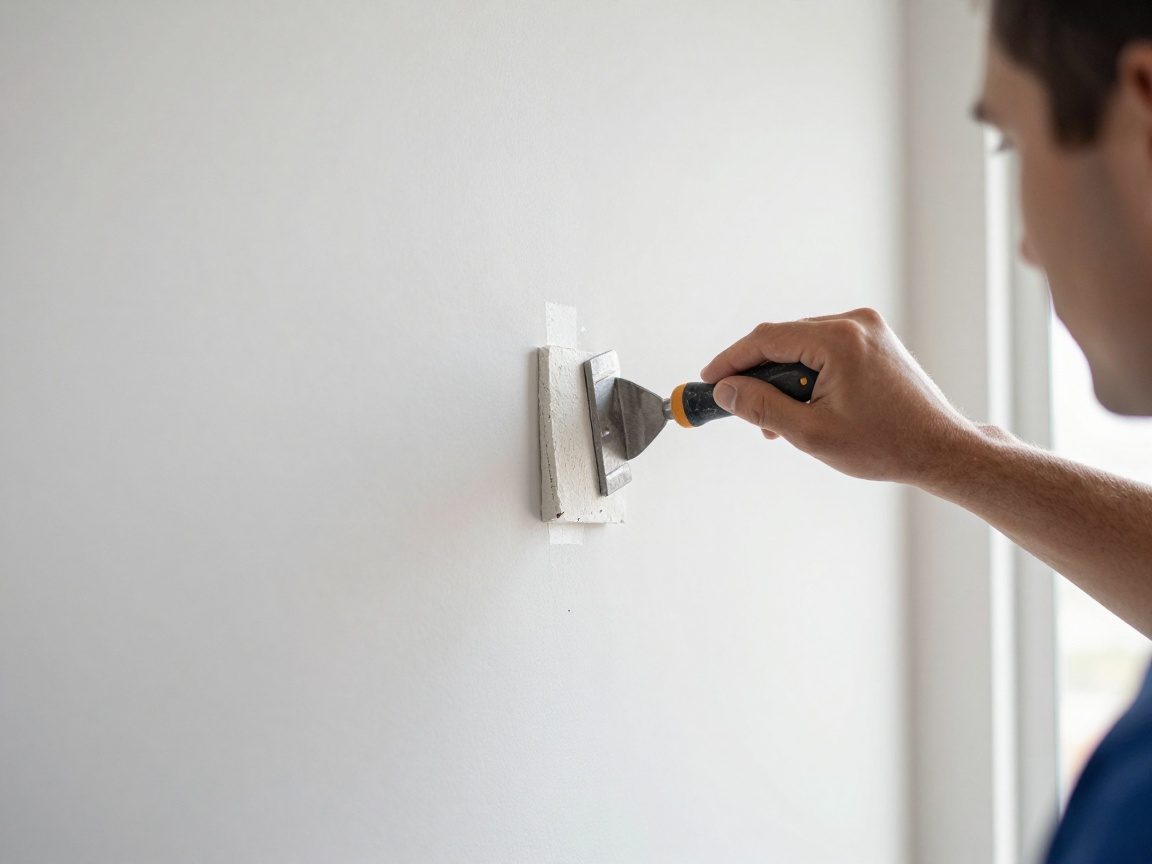 Fuger: Untergrundprüfung für Fugen Handwerker trägt Spachtelmasse auf eine Wandfuge in moderner deutscher Innenausstattung an – Nahaufnahme des Werkzeugs und Materials bei natürlichem Licht