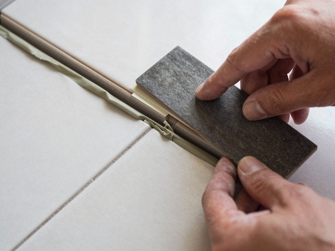 Handwerker mit Fugenpinsel, der Silikonabdichtungsmasse in eine schmale Fliesenfuge einträgt