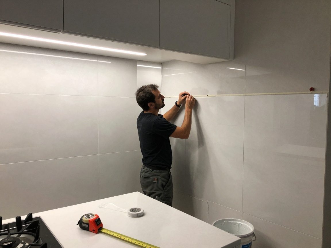 Mitarbeiter legt Malerband an Kachelwand, um Fuge zu versiegeln – LED-Beleuchtung, Messwerkzeug und Kleister im Vordergrund