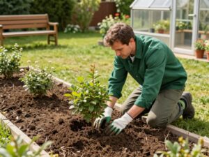Ein deutscher Gärtner in grünem Arbeitshemd und Handschuhen setzt einen jungen Strauch in frisch vorbereiteten Boden, umgeben von gepflegtem Rasen, einer Holzbank und einem kleinen Gewächshaus.