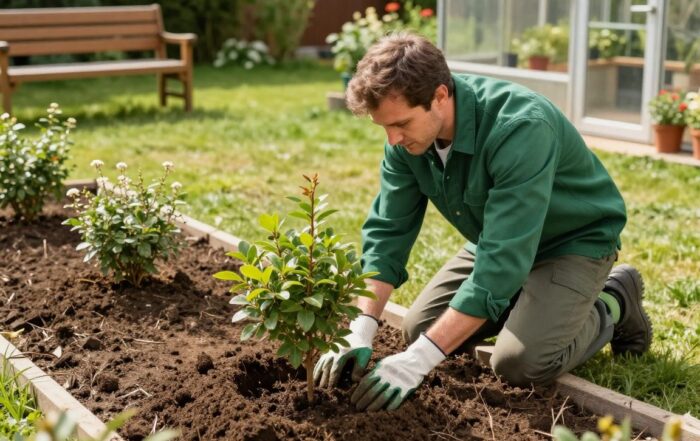 Ein deutscher Gärtner in grünem Arbeitshemd und Handschuhen setzt einen jungen Strauch in frisch vorbereiteten Boden, umgeben von gepflegtem Rasen, einer Holzbank und einem kleinen Gewächshaus.