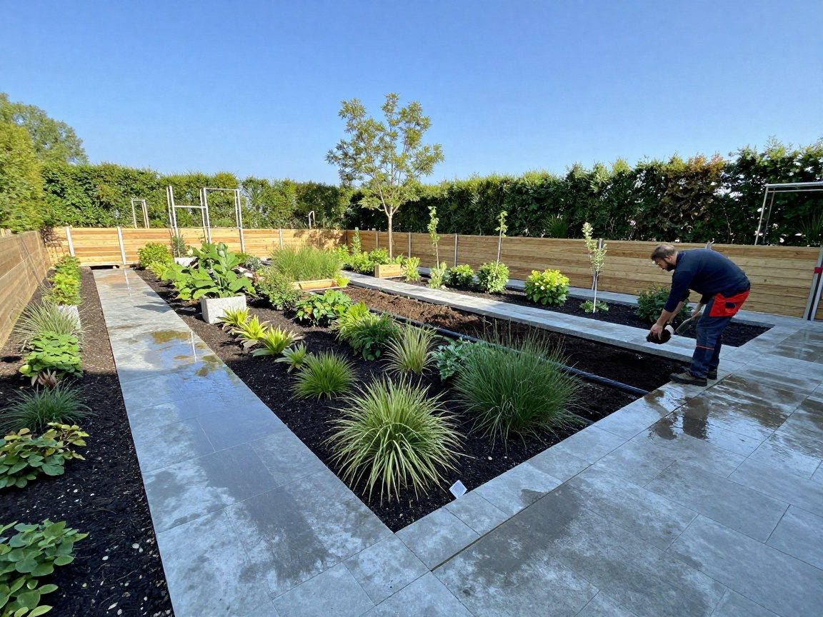 Weitwinkelaufnahme eines modernen deutschen Gartens in Bauphase mit einheimischen Pflanzen, Steinweg, Stützwand und Drainagesystem