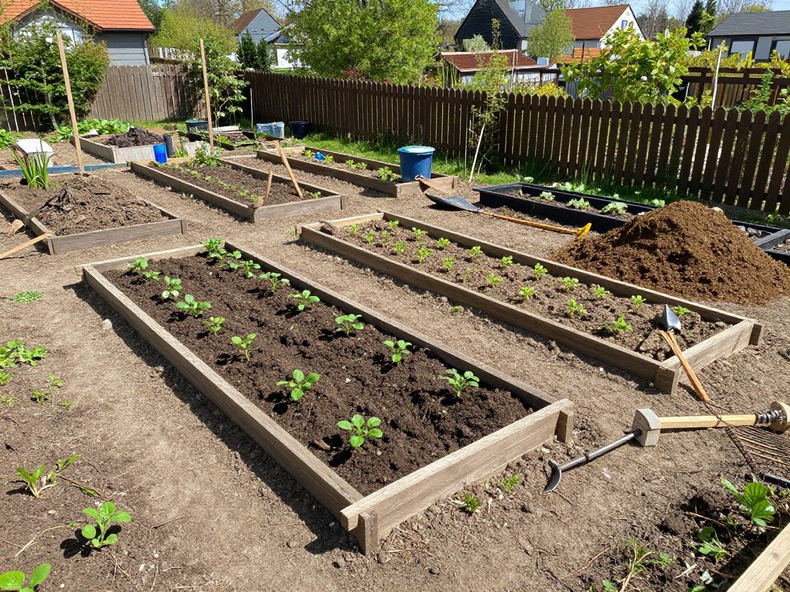 Gartenbau: Aufstellung einer Materialliste – 12‑Schritte & Kostencheck Weitwinkelaufnahme eines sonnigen deutschen Gartenbereichs im Frühling mit einem teilweise aufgebauten Hochbeet, Reihen von Setzlingen, Komposthaufen und verstreuten Gartengeräten sowie einem kleinen Holzzaun im Hintergrund