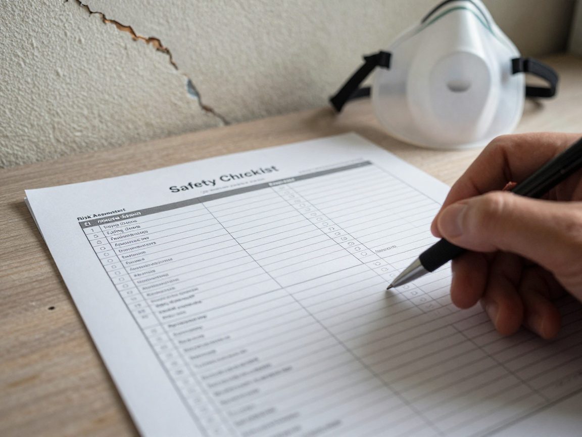 Nahaufnahme einer Sicherheitscheckliste mit Gefahren wie herabfallenden Trümmern, Asbest und Lärm; ein Hand hält einen Stift auf einem Werkbanktisch.
