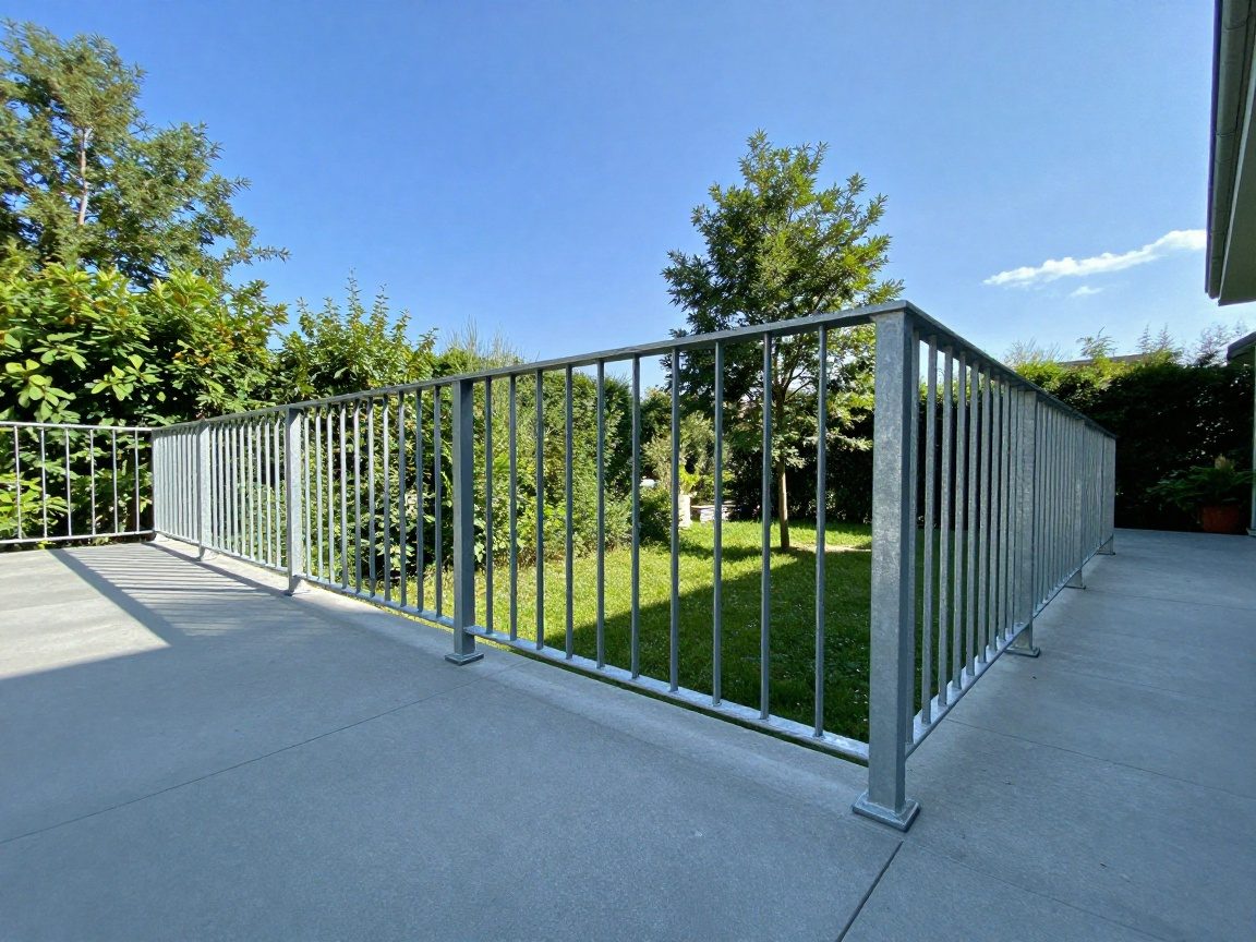 Moderne Stahlterrasse mit feuerverzinktem Geländer Weitwinkelaufnahme einer modernen deutschen Terrasse mit einem Stahlgeländer in Feuerverzinkung, umgeben von üppigem Grün und klarem blauen Himmel