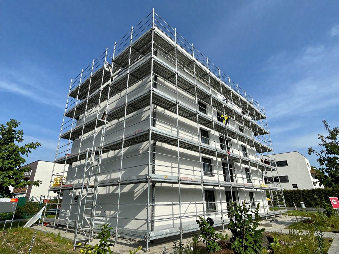 Weitwinkelaufnahme eines modernen Metallgerüsts an der Fassade eines deutschen Einfamilienhauses, mit klaren blauen Himmel und umgebender Grünfläche, mehreren Ebenen, Sicherheitsgeländern und Arbeitern in Helmen