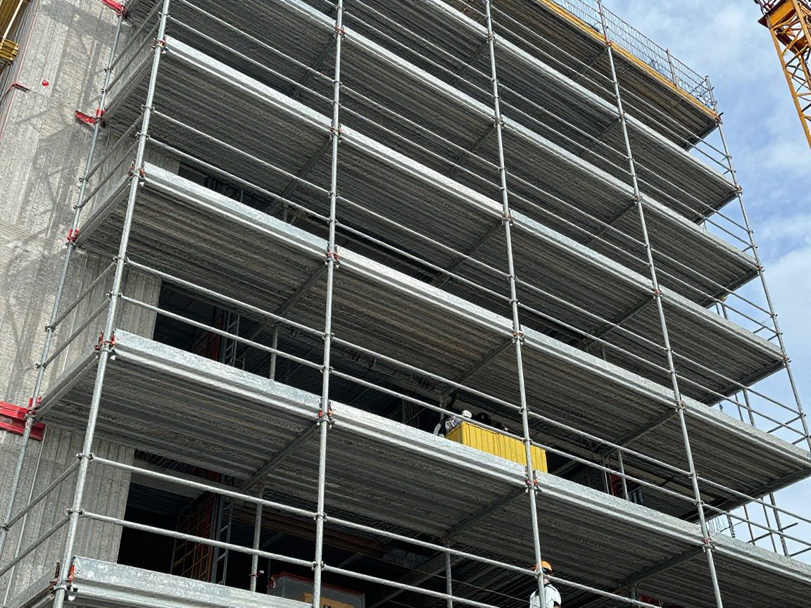 Gerüstbau: Materialmengen exakt kalkulieren Weitwinkelaufnahme eines modernen Metallgerüsts an einem deutschen Hochhaus, mehrere Ebenen aus Rohren und Geländern, Arbeiter mit Helmen