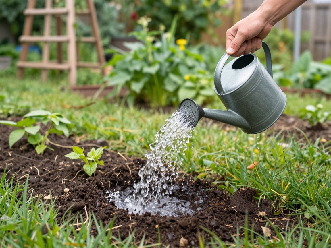Ein Gärtner gießt mit einer Gießkanne frischen, neu bepflanzten Boden, während Wassertröpfchen auf das Gras spritzen