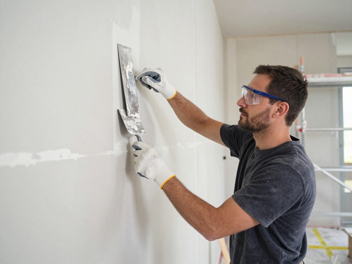 Gipser: Kanten sichern – Abkleben und Abdecken Professioneller Gipser trägt Schutzbrille und Handschuhe, während er mit einer Kelle Putz auf eine Wand aufträgt; im Hintergrund sind teilweise fertiggestellte Trockenbauplatten, ein Gerüst und abdeckendes Klebeband zu sehen.