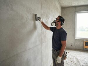 Professioneller Gipser mit Staubmaske und Handschuhen, der eine Drahtbürste hält und eine Betonwand reinigt