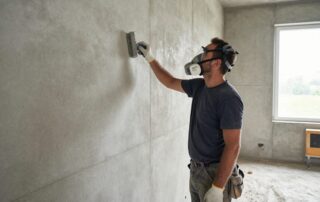 Professioneller Gipser mit Staubmaske und Handschuhen, der eine Drahtbürste hält und eine Betonwand reinigt