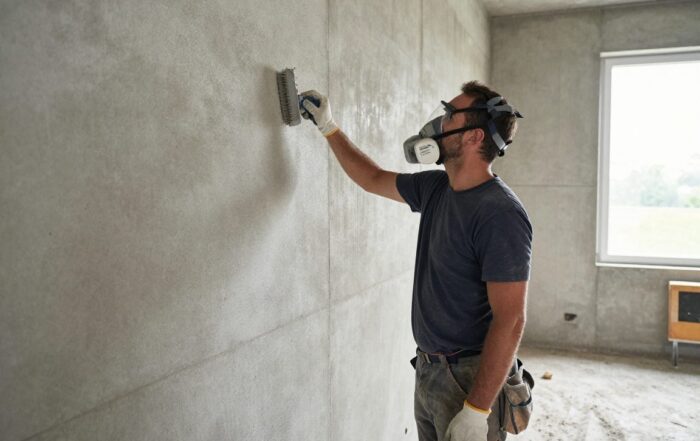 Professioneller Gipser mit Staubmaske und Handschuhen, der eine Drahtbürste hält und eine Betonwand reinigt