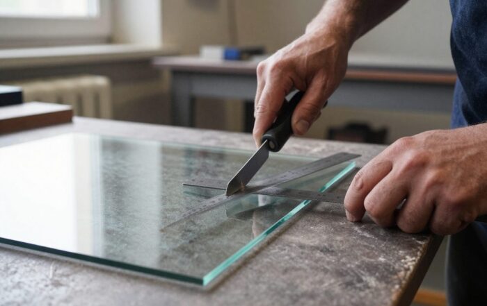 Handwerklicher Glaszuschneider schneidet ein Stück Laminat-Sicherheitsglas auf einer Werkbank