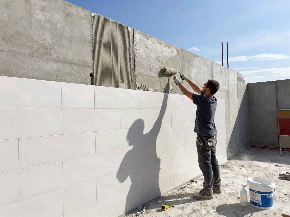 Fliesenleger: Schnell trocknende Grundierung für optimale Haftung Fliesenleger trägt mit Rollen eine schnell trocknende Grundierung auf eine Betonwand auf, während Staubpartikel in der Luft schweben