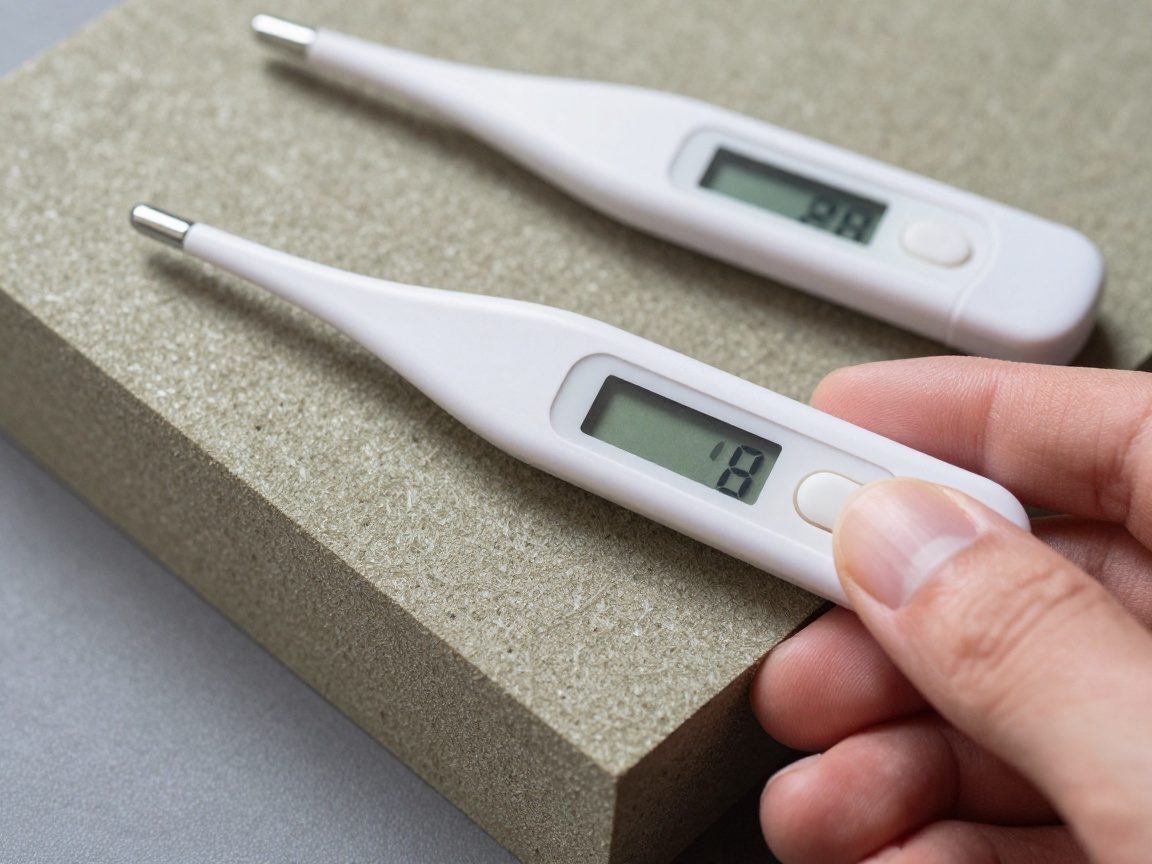 Hand hält eine Wärmedämmplatte, daneben ein Digitalthermometer zur genauen Messung der Wärmebedarfsberechnung im Heizungsbau