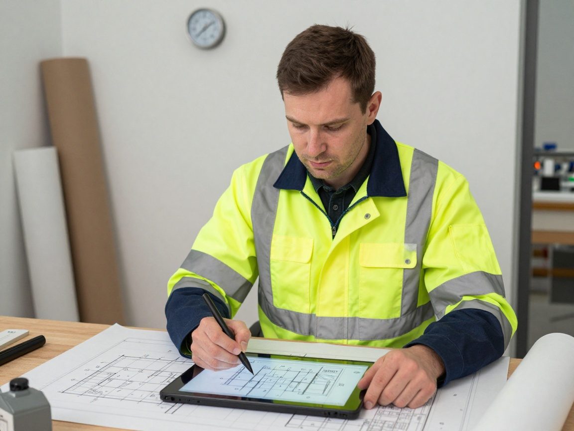 Ingenieur in Sicherheitsjacke sitzt an einem Tisch, arbeitet mit Tablet an Heizungsplan und annotiert Diagramm