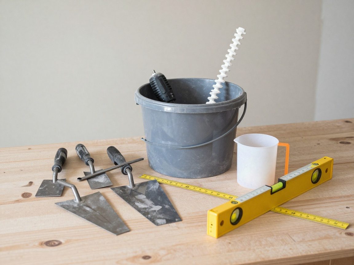 Ein Fliesenleger arrangiert Werkzeuge auf einer Werkbank: Kelle, Mischer, Messbecher, Spirituslevel und Lineal vor einer teilweise fertiggestellten Wand.