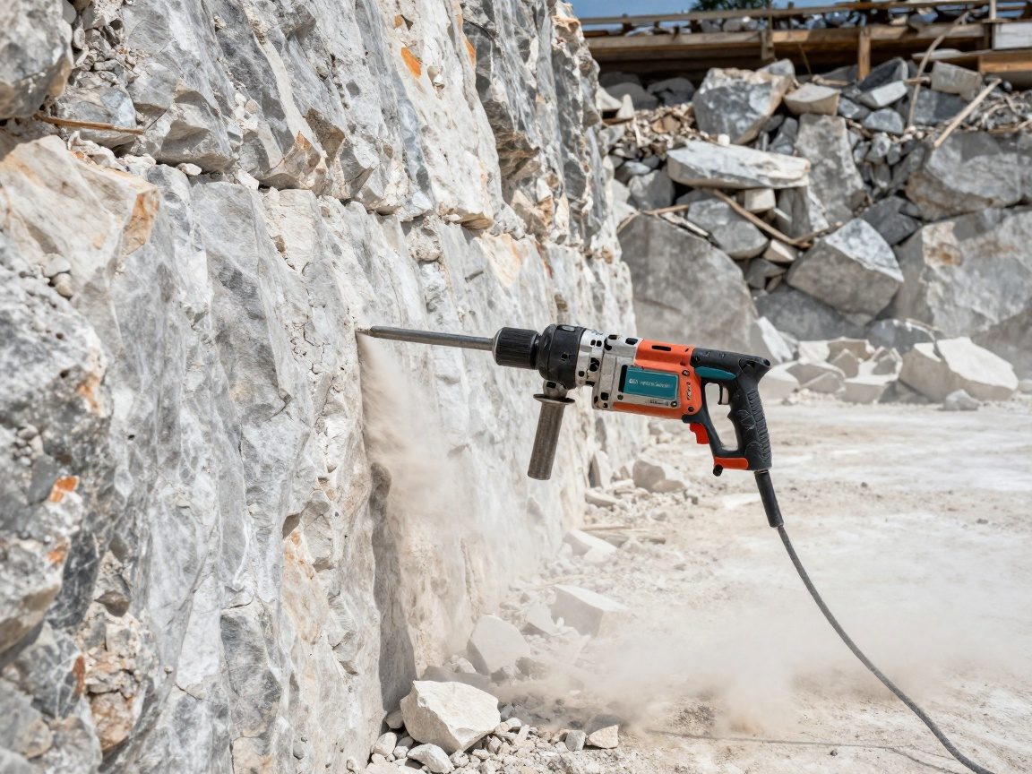 Pneumatischer Hammerbohrer trifft auf Kalksteinwand, Staubspray sichtbar