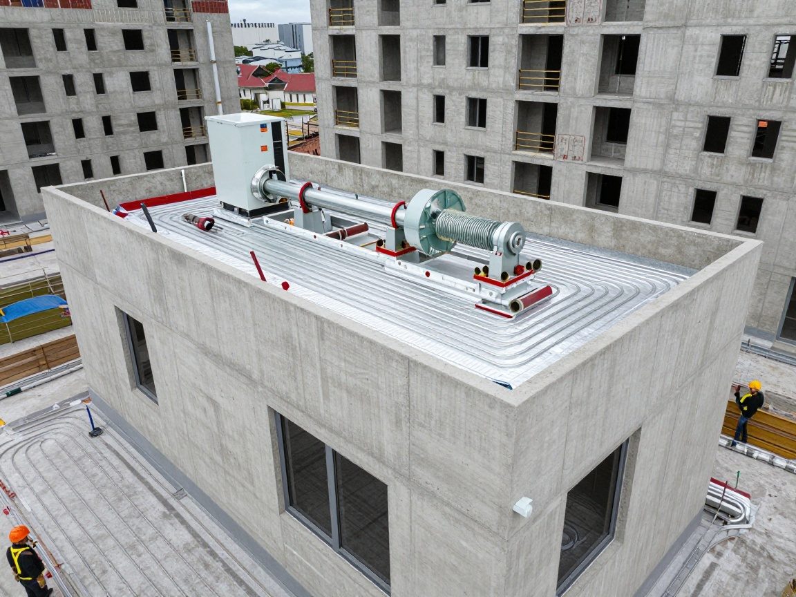 Heizungsbau: Kosten sparen & Effizienz steigern Modernes deutsches Wohnhaus in Bauphase mit sichtbarem Gasheizer auf dem Dach, Arbeiter mit Helmen und Handschuhen arbeiten an Rohren und Isolierung.