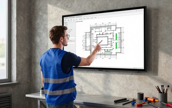 HVAC-Techniker steht neben einem großen Wand-CAD-Bildschirm mit detailliertem Heizungsinstallationsplan in einer deutschen Werkstatt