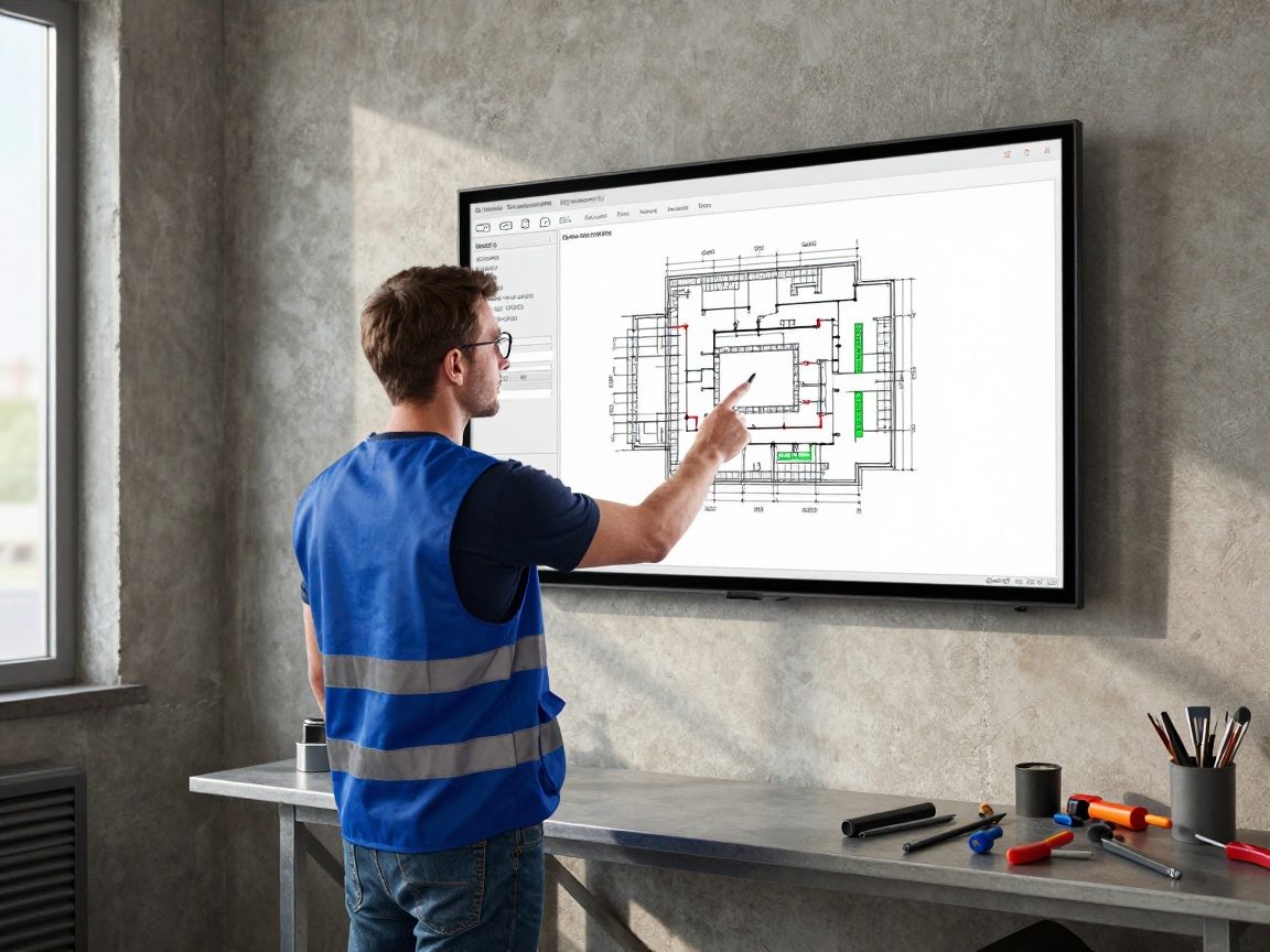 HVAC-Techniker steht neben einem großen Wand-CAD-Bildschirm mit detailliertem Heizungsinstallationsplan in einer deutschen Werkstatt