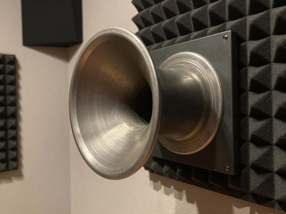 Nahaufnahme eines Metall‑Helmholtz‑Resonators mit kleiner Öffnung, umgeben von Schallschutzschaum und Diffusorpanel in einem Aufnahmeraum