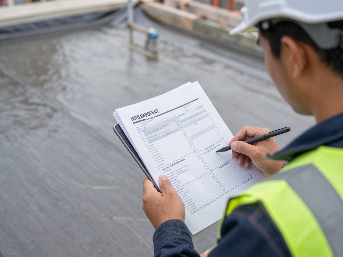 Baustellenarbeiter mit Schutzkleidung liest technische Spezifikation zu Abdichtungsmaterial auf Tablet, während teilweise aufgelegte Membran im Hintergrund sichtbar ist.