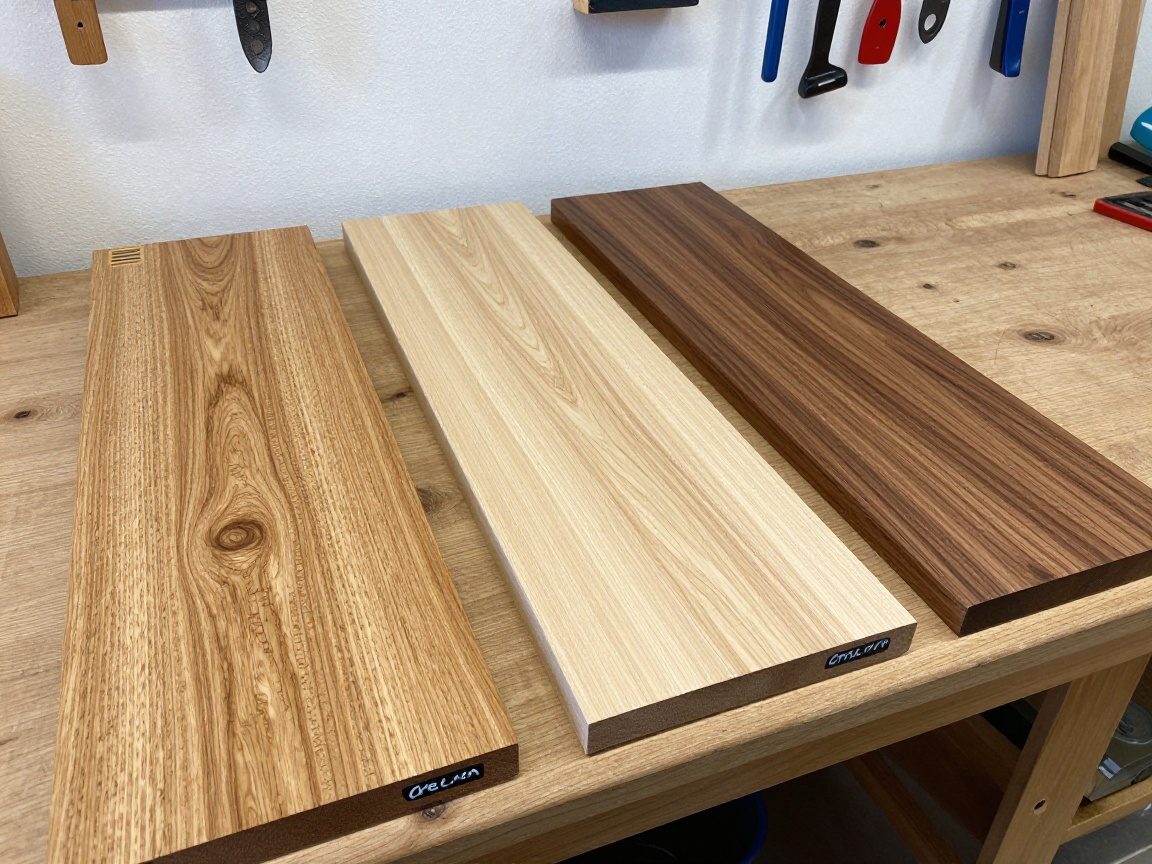 Drei Holzplatten (Eiche, Buche, Walnuss) auf einer Werkbank mit Beschriftungen und deutschen Handwerkswerkzeugen im Hintergrund