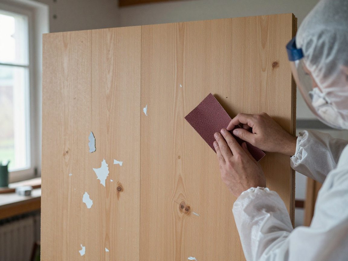 Maler in Schutzkleidung hält grobes Schleifpapier, bereit zum Abschleifen einer Holzwand mit abblätternder Farbe