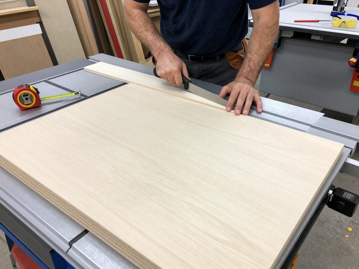 Breitwinkelaufnahme eines Schreiners beim Sägen von MDF auf einer Tischsäge, daneben Sperrholz und eine Schachtel mit Spanplatten