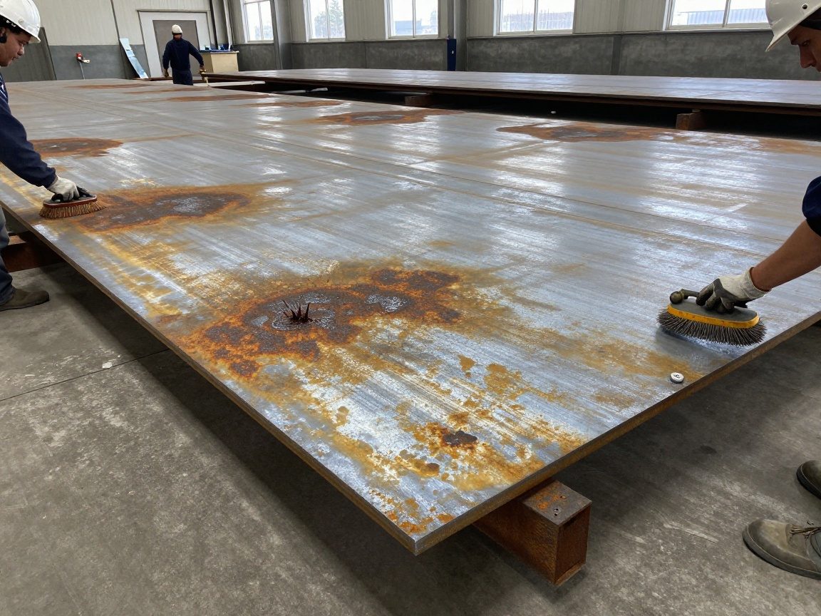 Große Stahlplatte mit Rostflecken und scharfen Kanten, die von Arbeitern in Schutzhelm und Handschuhen mit Bürsten und Schleifwerkzeugen vorbereitet wird