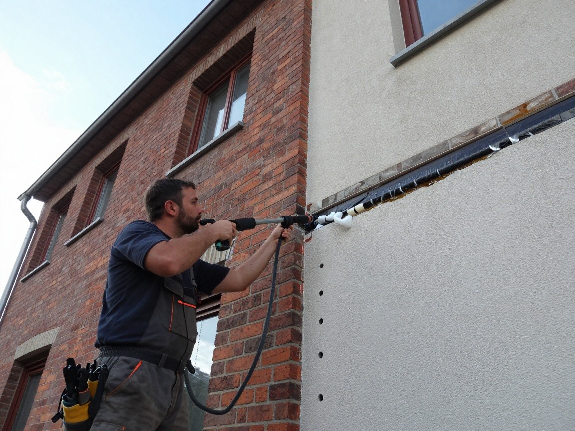 Injektionsverfahren zur Mauerwerksabdichtung – 4‑6 Wochen Handwerker mit Hochdruck-Injektor spritzt Silikonharz in Mörtelspalte einer deutschen Wohnhausfassade bei Tageslicht