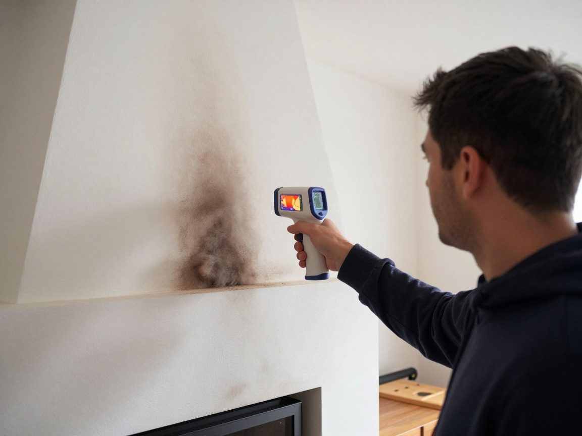 Schornsteinfeger in moderner Wohnung, prüft leeren Schornsteinschlauch mit Handkamerasystem und zeigt Wärmebild auf Bildschirm