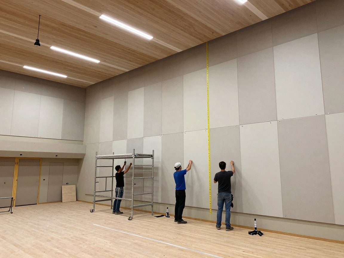 Bauarbeiter montieren Akustikplatten an Wänden und Decken einer großen Konferenzhalle, nutzen Gerüste und Messwerkzeuge