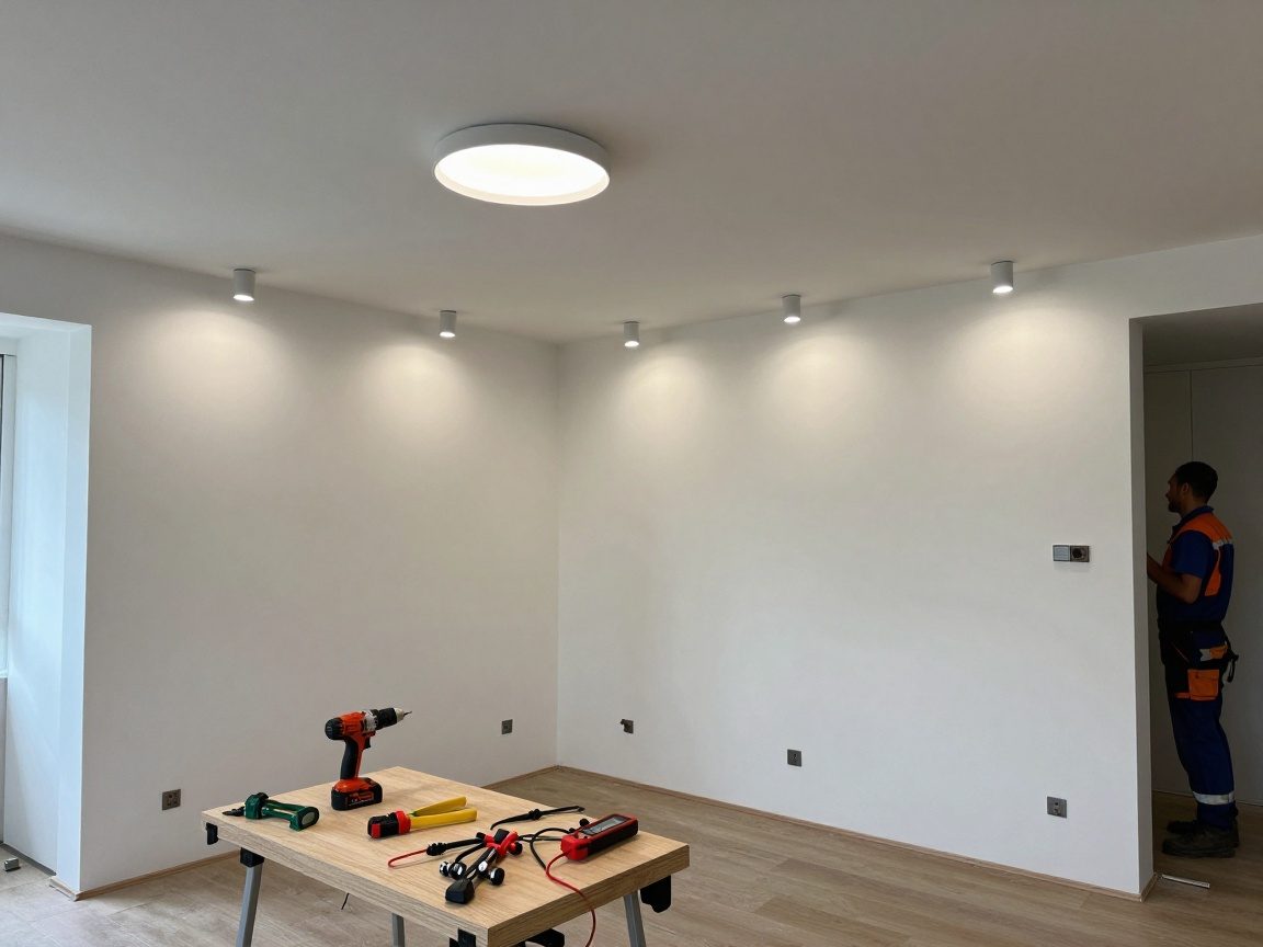 Installation von Deckenleuchten – Effizient und sicher Elektriker installiert moderne LED-Deckenleuchten in einem hellen Wohnzimmer mit Arbeitsbank und Werkzeug wie Bohrer, Drahtschneider und Spannungsprüfer