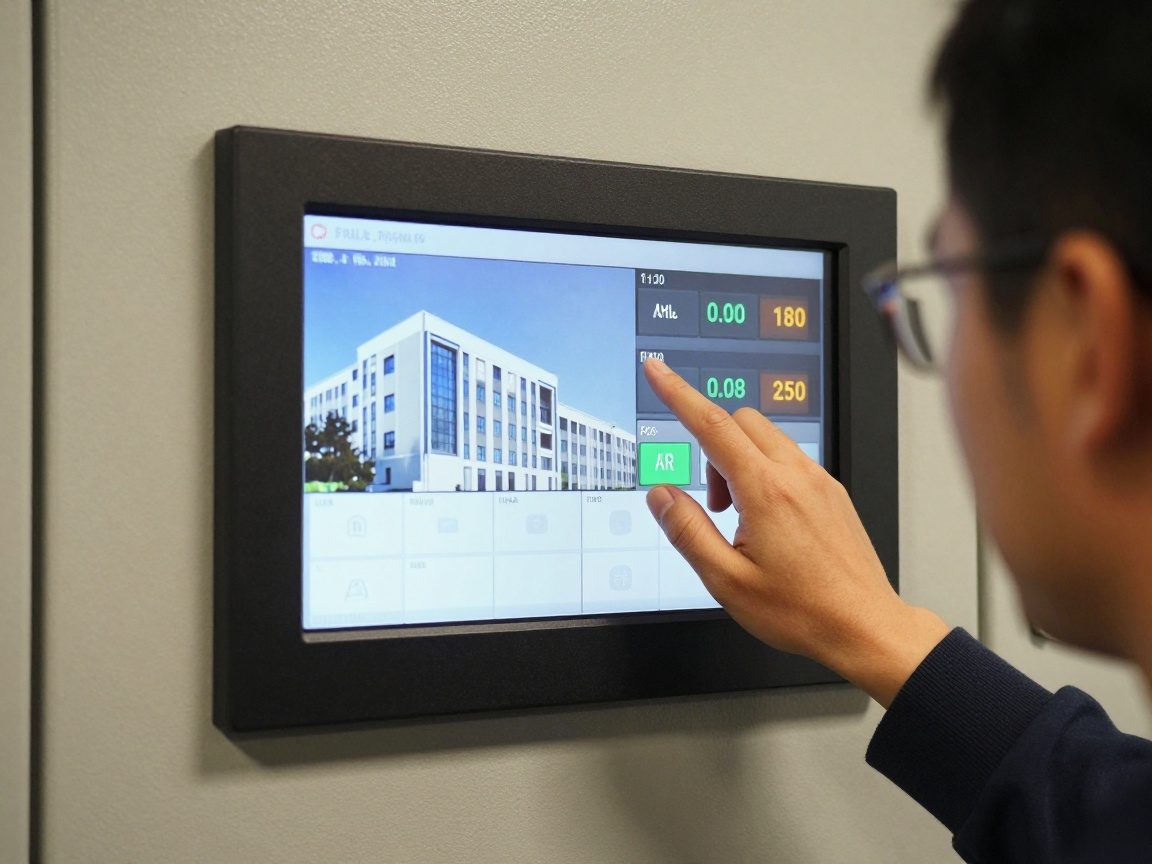 Techniker justiert Einstellungen an einem Wanddisplay mit Echtzeit-Daten zur Klimatisierung eines deutschen Bürogebäudes.