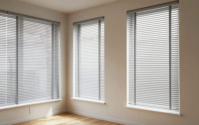 Photorealistisches Bild eines deutschen Wohnzimmers mit schlanken Aluminiumjalousien an großen Fenstern, natürlichem Licht und subtilen Schatten der Lamellen