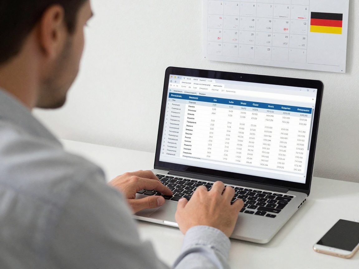 Berater am Schreibtisch, Laptop mit Kostenübersicht für Jalousien, Arbeitsstunden und Transport, Hintergrund Kalender und deutsches Flaggen-Sticker