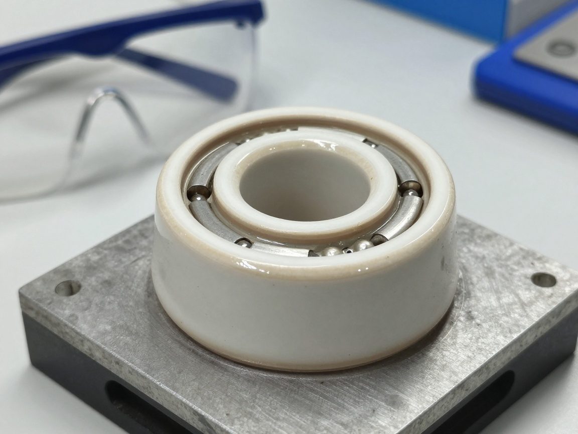 Detailaufnahme eines Zirkonia-Keramiklagers mit Glanzfinish und feiner Oberflächenstruktur, platziert auf einer metallischen Unterlage in einem Labor-Setup mit Schutzbrille und Waage