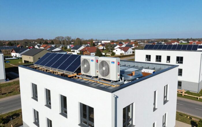 Wärmepumpen-Installation auf dem Dach eines modernen deutschen Wohngebäudes unter klarem Himmel, umgeben von Grünflächen