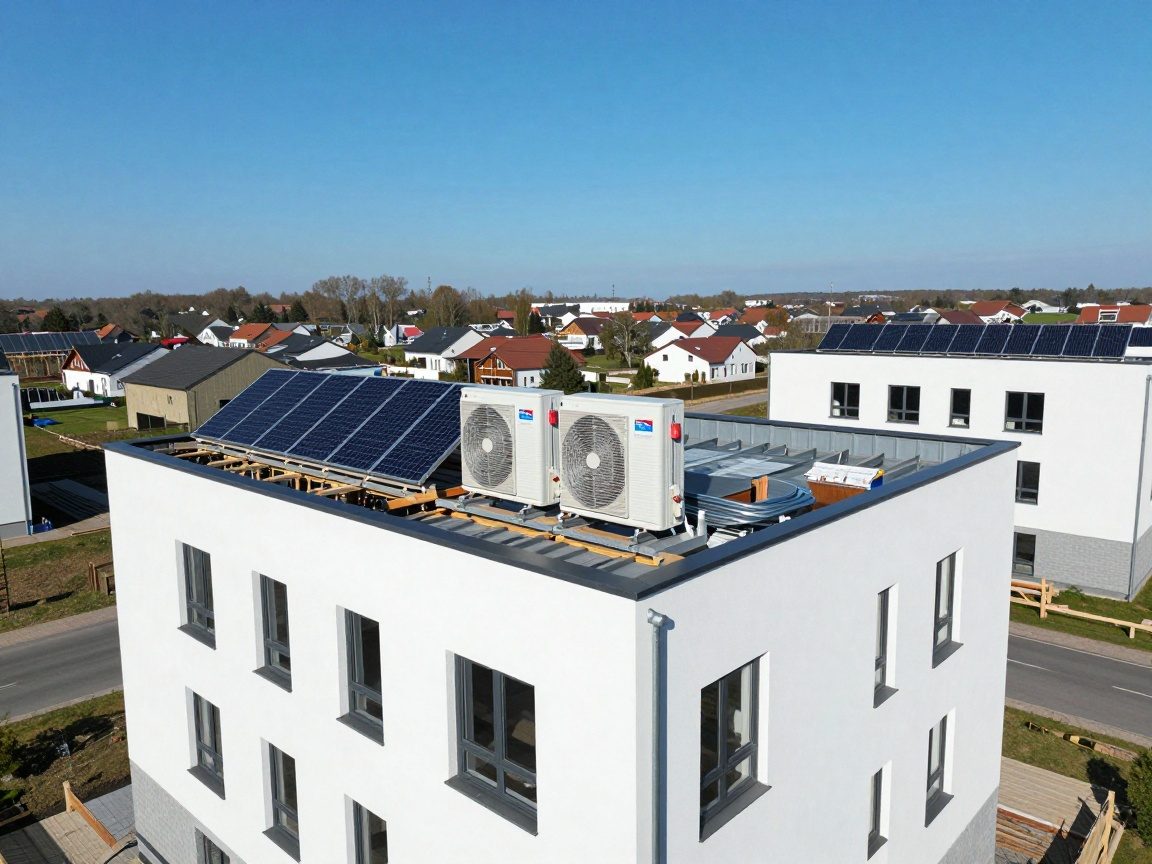 Wärmepumpen-Installation auf dem Dach eines modernen deutschen Wohngebäudes unter klarem Himmel, umgeben von Grünflächen