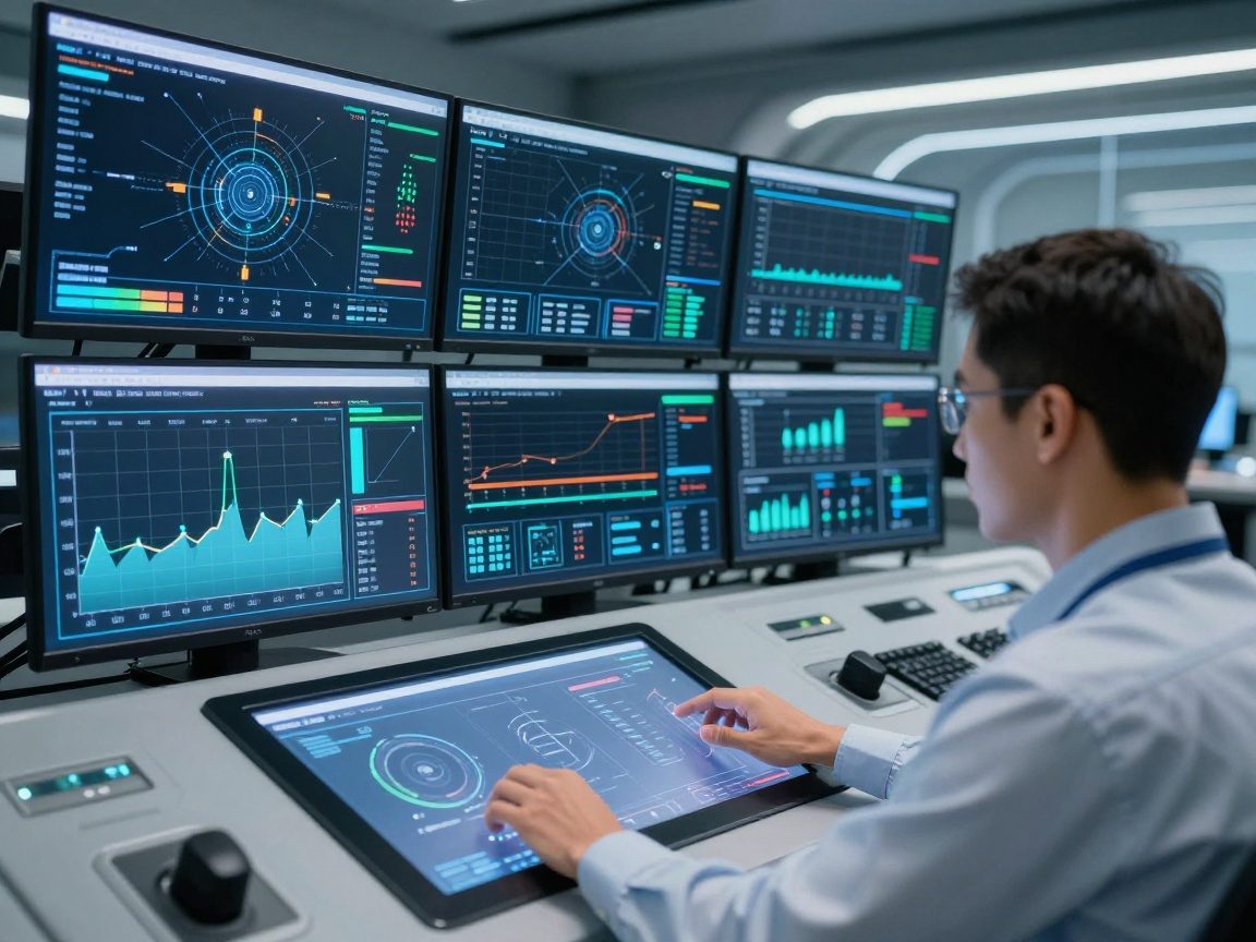 Ingenieur im modernen Kontrollraum in Deutschland beobachtet KI-generierte Optimierungsdaten auf mehreren Monitoren und passt Parameter an einem Touchscreen an