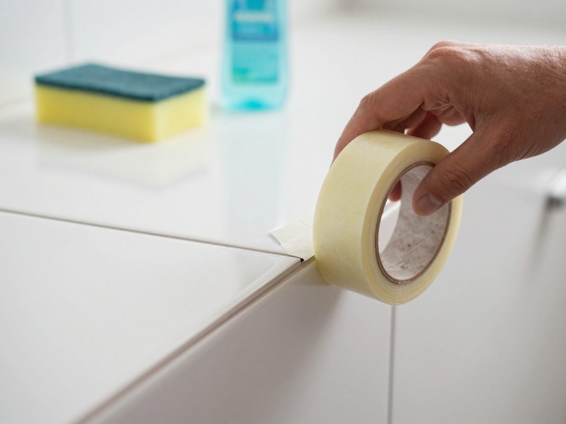 Handwerker zieht painter's tape von frisch verflossener Fliesenkante zurück, um saubere Fugenlinie zu zeigen