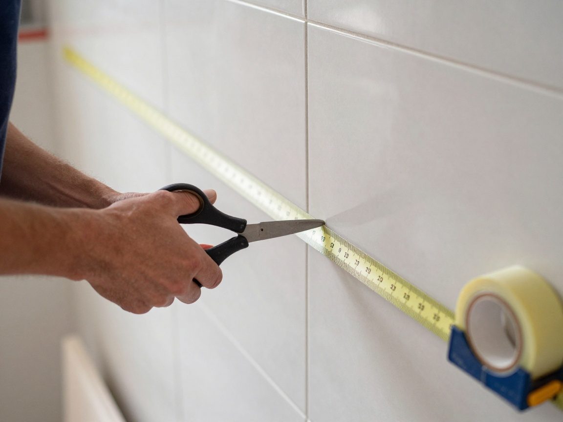Maler schneidet ein Band mit Schere und legt es exakt an die Kante einer Fliesenwand, daneben Maßstab und Bandspender sichtbar