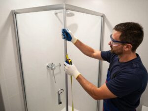 Professioneller Klempner legt eine schlichte, rahmenlose Duschkabine in einem deutschen Badezimmer an, trägt Schutzbrille und Handschuhe