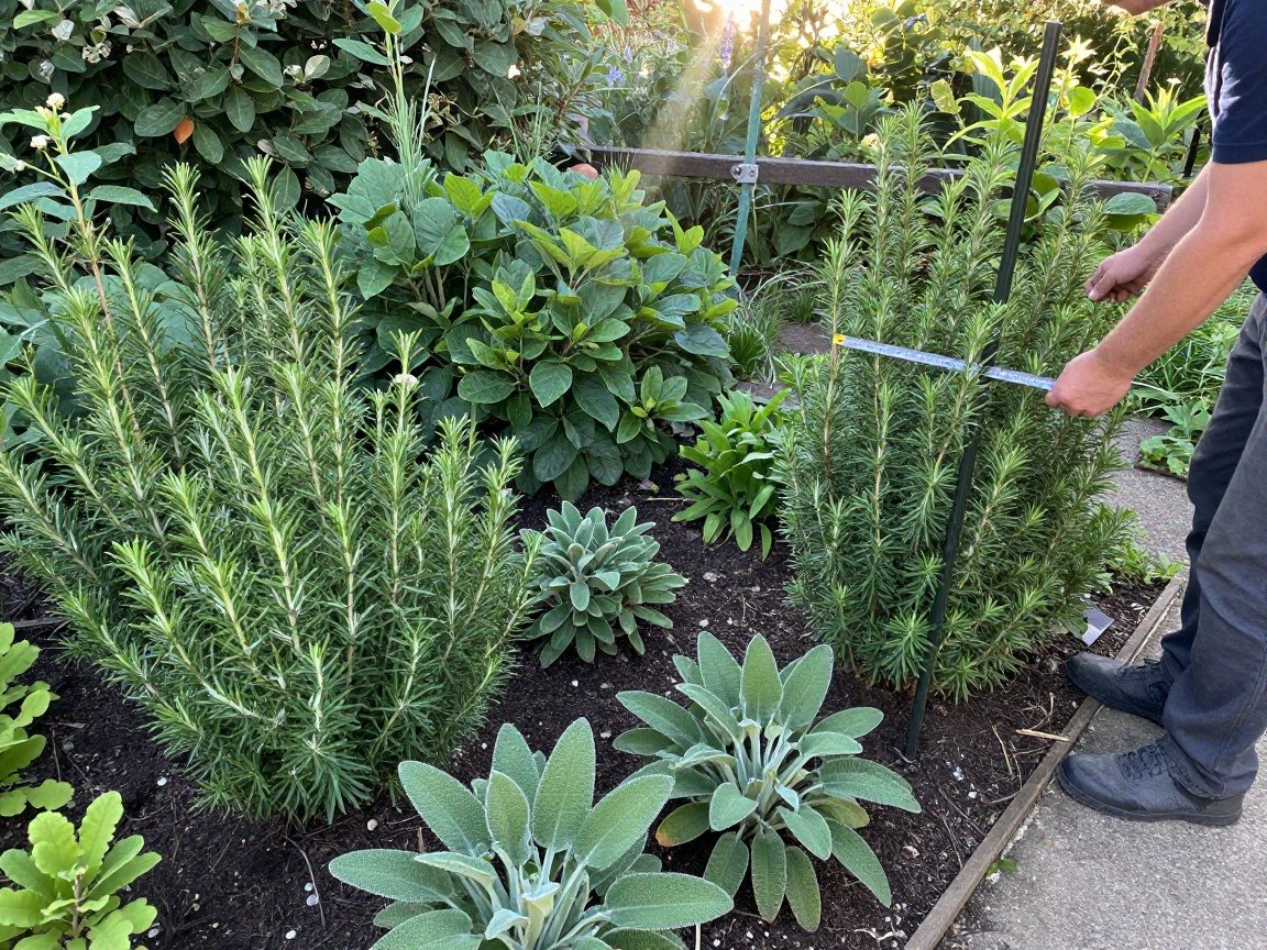 Breitwinkelaufnahme eines deutschen Gartens mit mediterranen Pflanzen wie Rosmarin und Salbei neben heimischen Sträuchern, während ein Gärtner die Pflanzengrößen misst